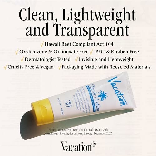 Vacation sunscreen advertisement highlighting features such as reef safety and cruelty-free.