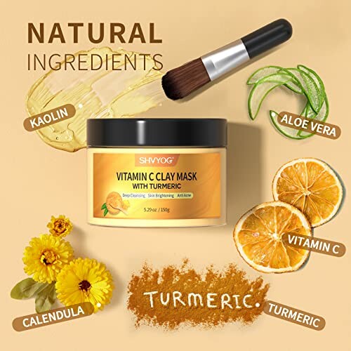 Vitamin C clay mask with turmeric and natural ingredients like kaolin, aloe vera, calendula, and orange.