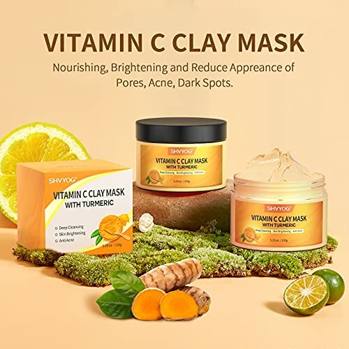 Vitamin C clay mask with turmeric, featuring product containers and ingredients like oranges and turmeric.