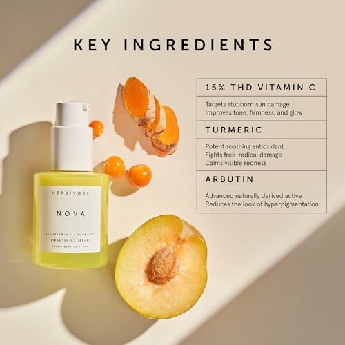 Vitamin C serum with key ingredients: turmeric, arbutin, and peach.