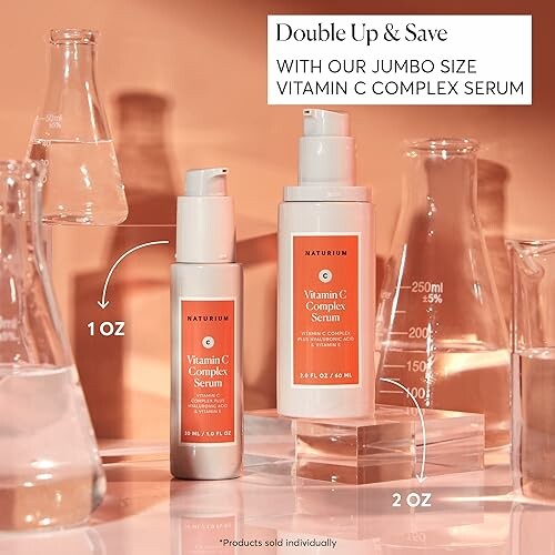 Promotion of Vitamin C Complex Serum in 1 oz and 2 oz bottles with lab glassware.