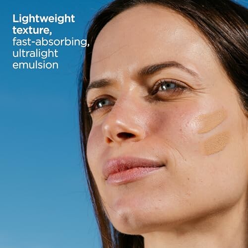 Woman with skincare product on her cheek against a blue sky background with text about lightweight texture.